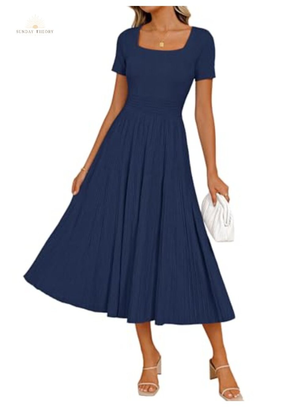 Pleated Midi Sweater Dress Square Neck Short Sleeve A-Line